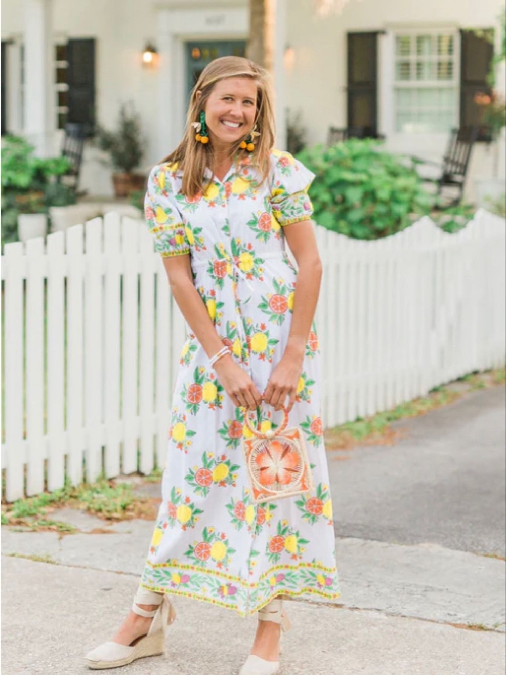 Victoria Dunn White Maxi Shirt Dress with Yellow & Orange Tropical Print